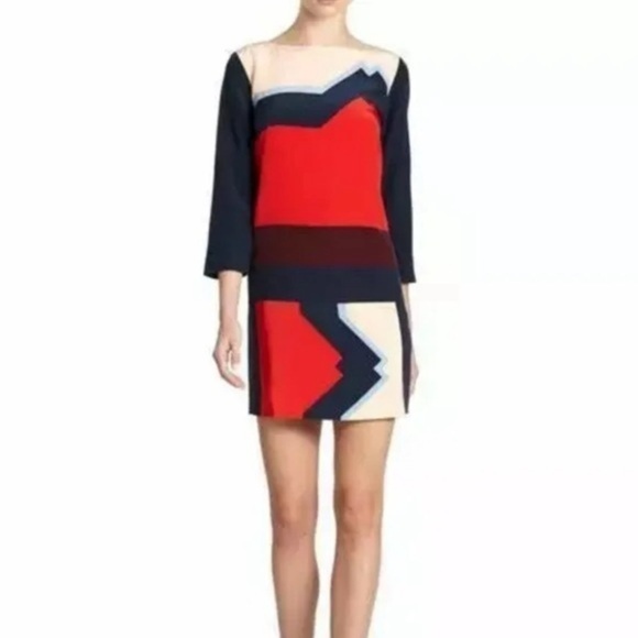 Tibi Colorblock Silk Sheath‎ Mini Dress Women’s Size 6 Long Sleeve Red Navy - Picture 1 of 8
